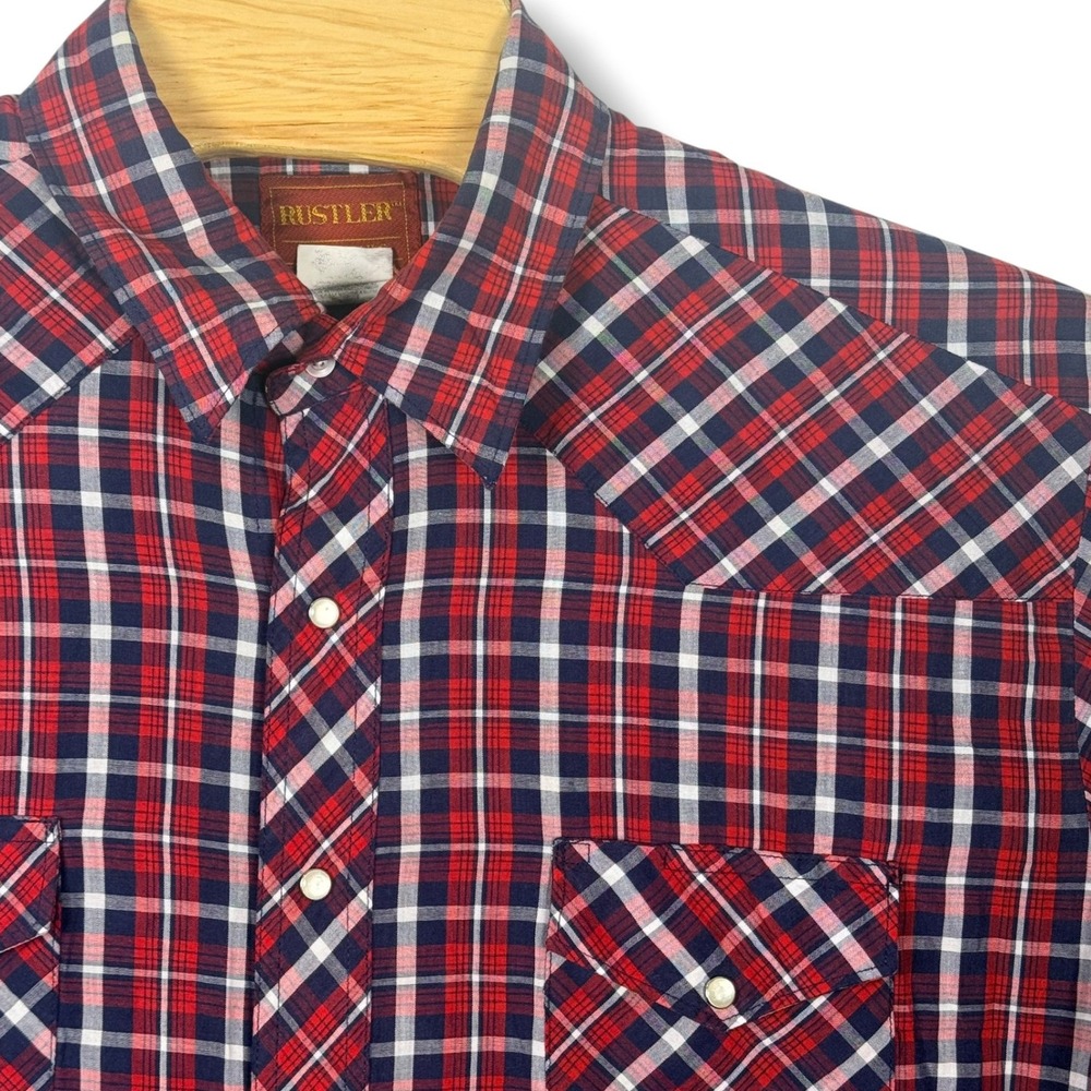 Vintage Rustler Western Pearl Snap Shirt Mens XXL Red Black Plaid Cotton Rodeo